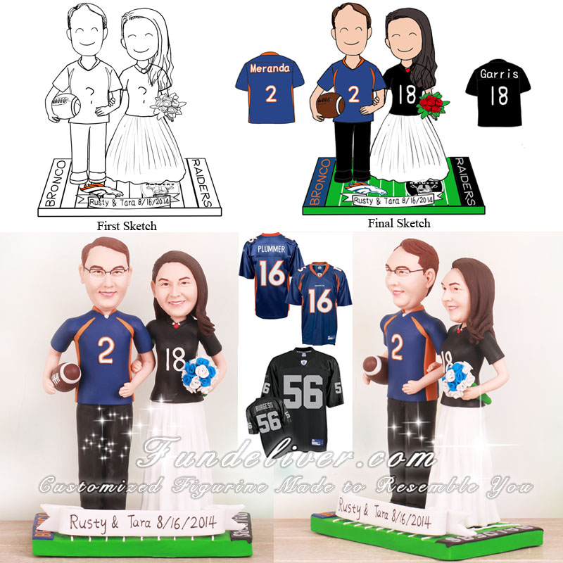 Oakland Raiders and Denver Broncos Football Wedding Cake Toppers